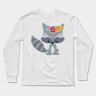 Spring Animals, Cute Raccoon, Colorful Flowers Long Sleeve T-Shirt